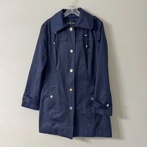 London Fog Navy Hooded Raincoat Jacket Women’s Medium – Classic Trench Style